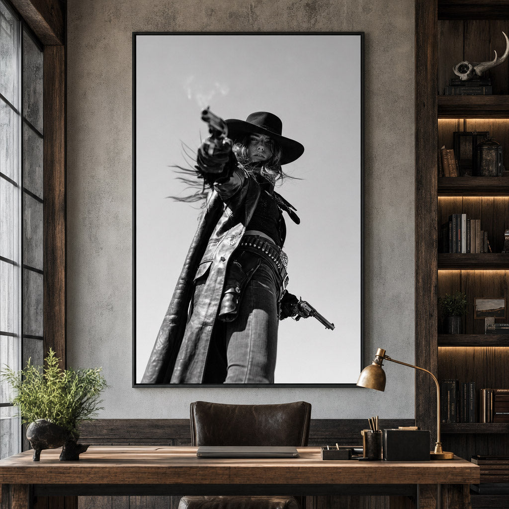 CROSS dramatic cowgirl wall art displayed in a dark modern office