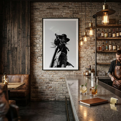 CROSS black and white cowgirl wall art displayed in a rustic bar