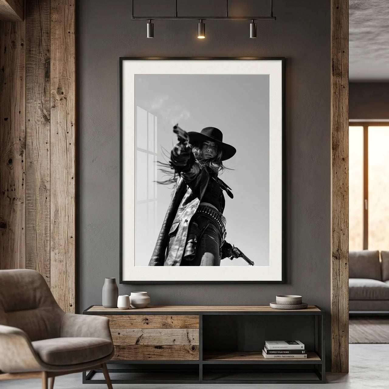 CROSS modern Western cowgirl wall art displayed above a rustic console