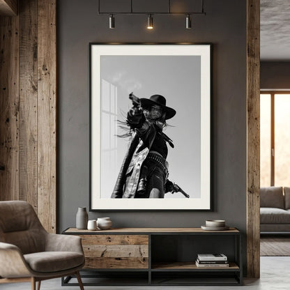 CROSS modern Western cowgirl wall art displayed above a rustic console