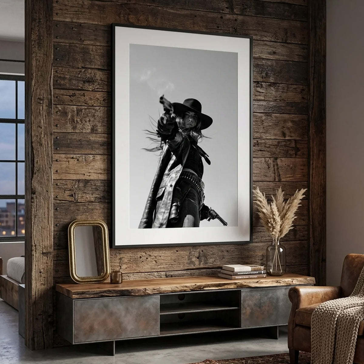 CROSS black and white cowgirl gunslinger print in a rustic living room