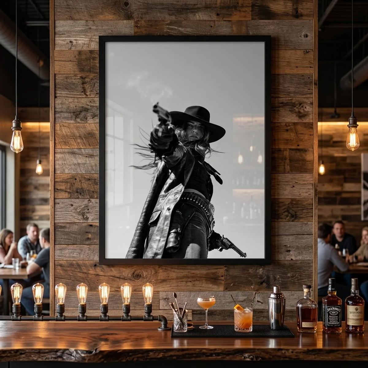 CROSS Western cowgirl gunslinger print displayed in a restaurant bar
