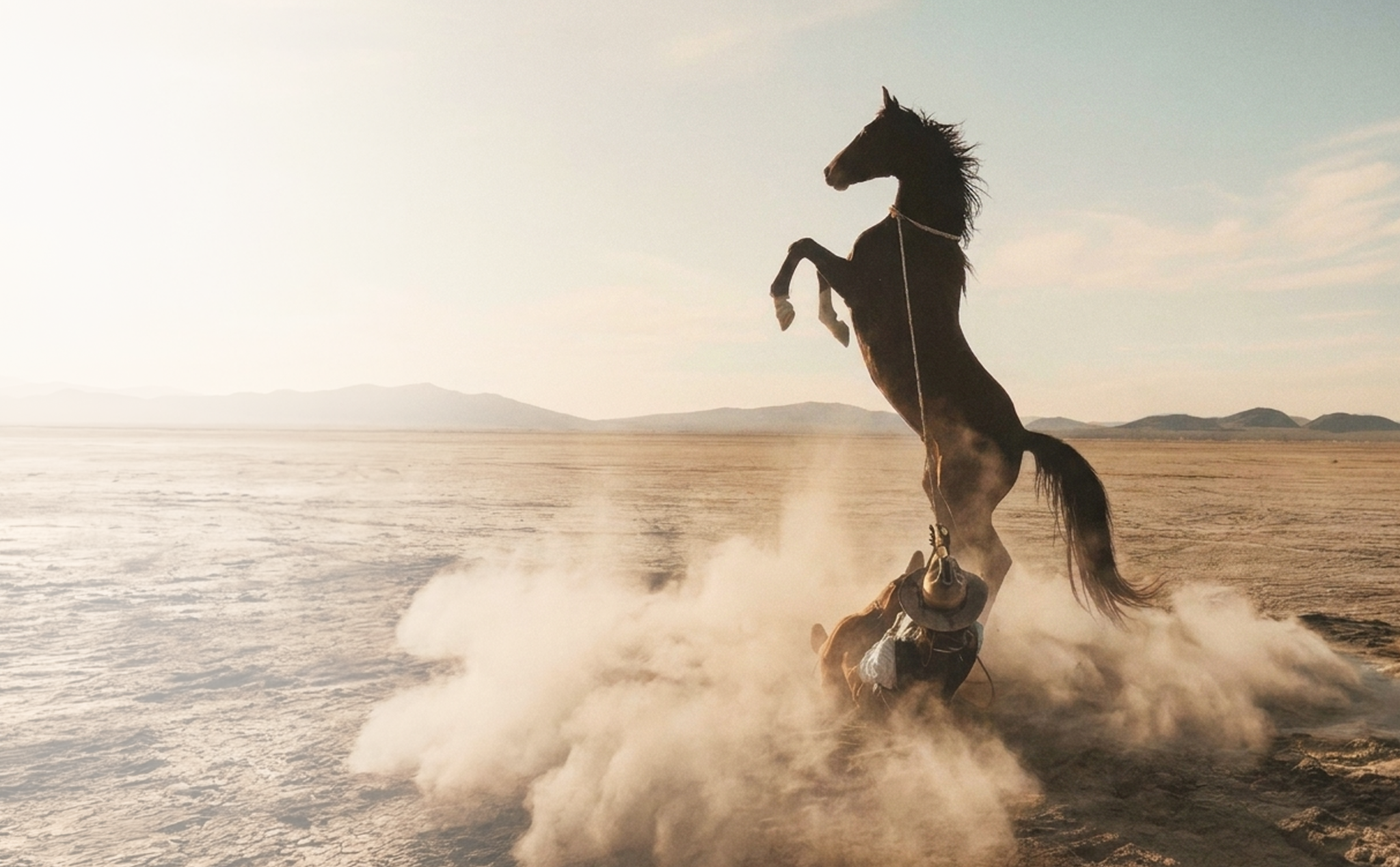Rearing horse and rider on an open western desert landscape