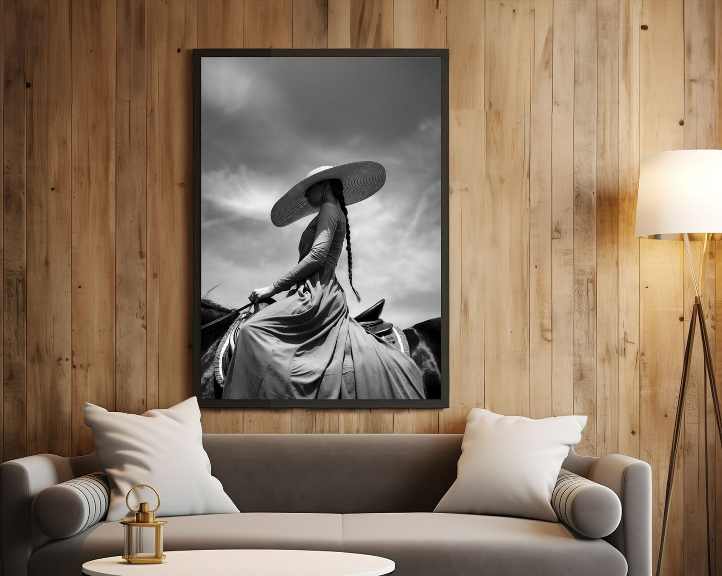 FLOPPY HAT cowgirl wall art shown in a styled interior