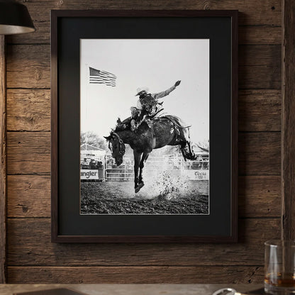 Close-up detail of “KICKIN&SCREAMIN” Western wall art print