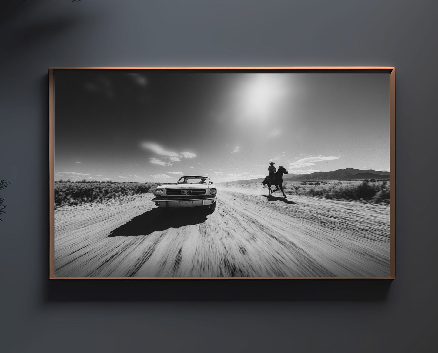 Framed view of “DUST & CHROME” Western wall art print