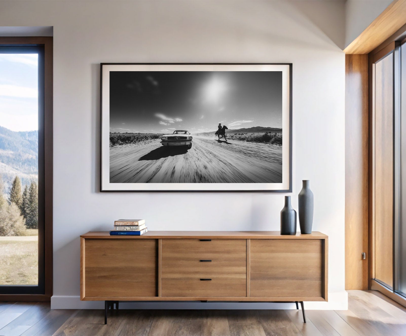 “DUST & CHROME” Western wall art print shown in a styled interior