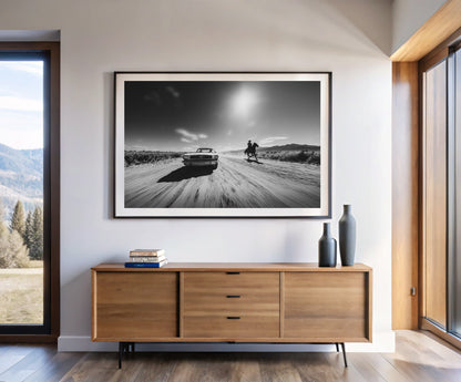 “DUST & CHROME” Western wall art print shown in a styled interior