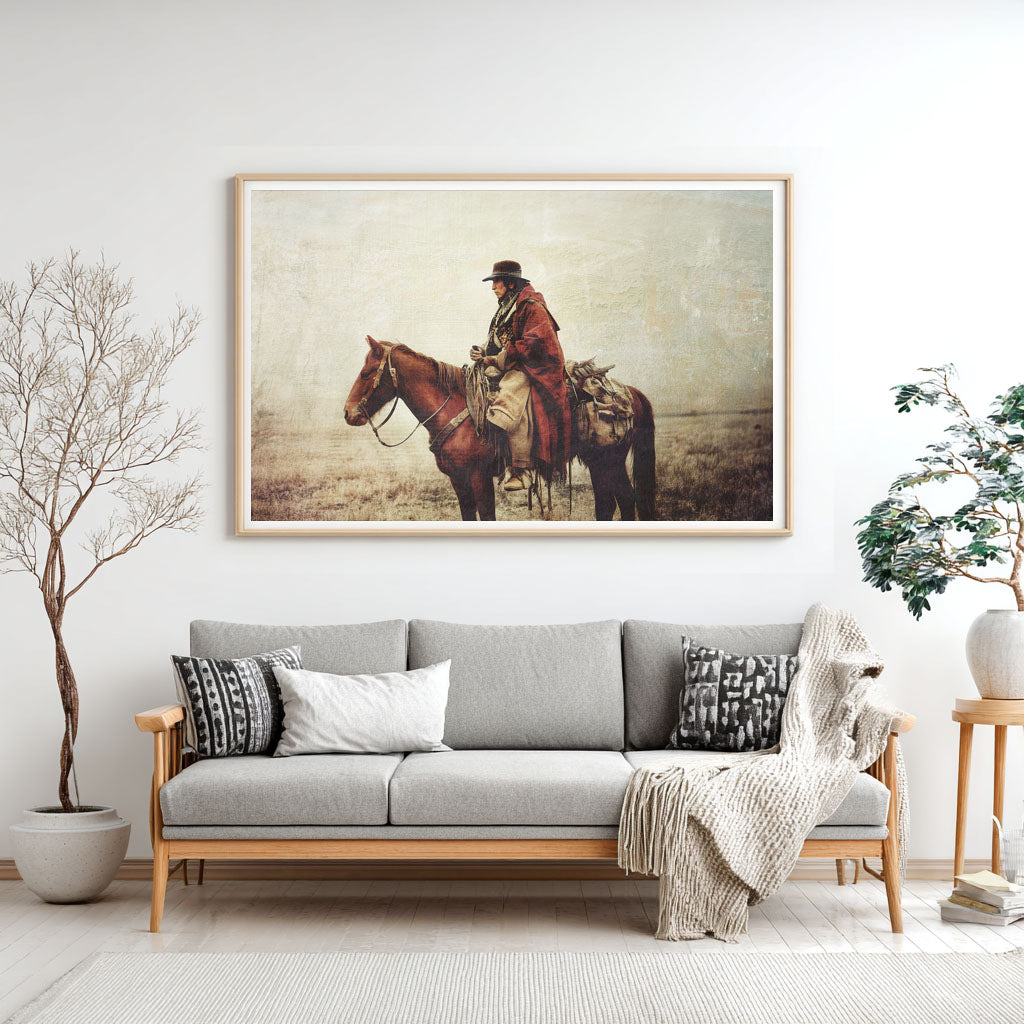 THE PAINTED TRAVELER horse wall art shown in a styled interior