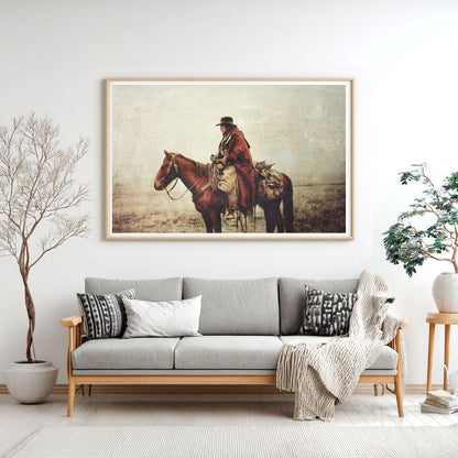 THE PAINTED TRAVELER horse wall art shown in a styled interior