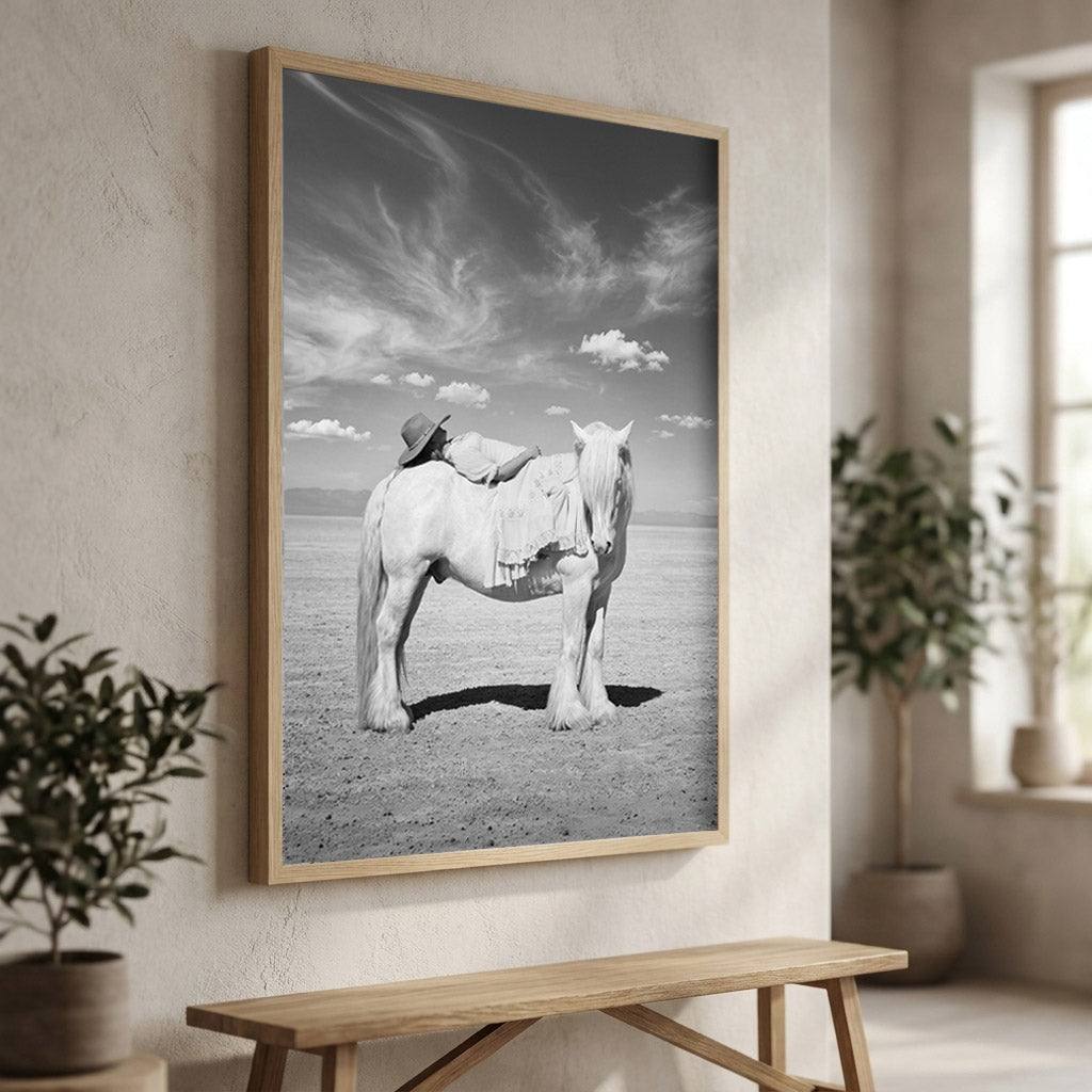 PASSAGE black and white horse wall art in a light neutral modern interior