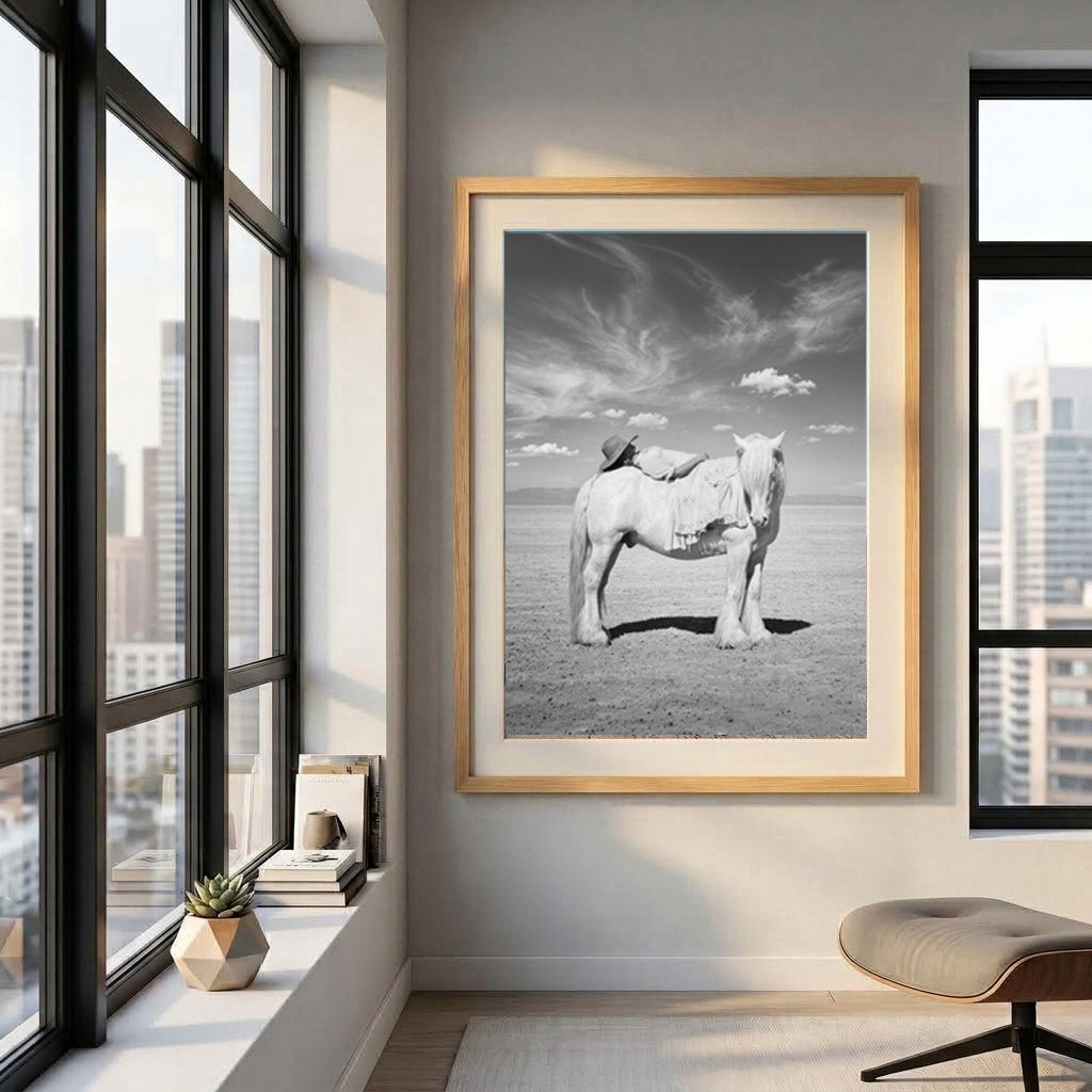 PASSAGE modern Western horse artwork displayed in a bright city apartment