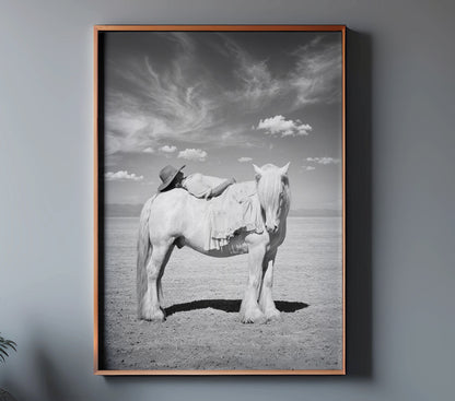 PASSAGE Western cowgirl and white horse print displayed in a slim copper frame