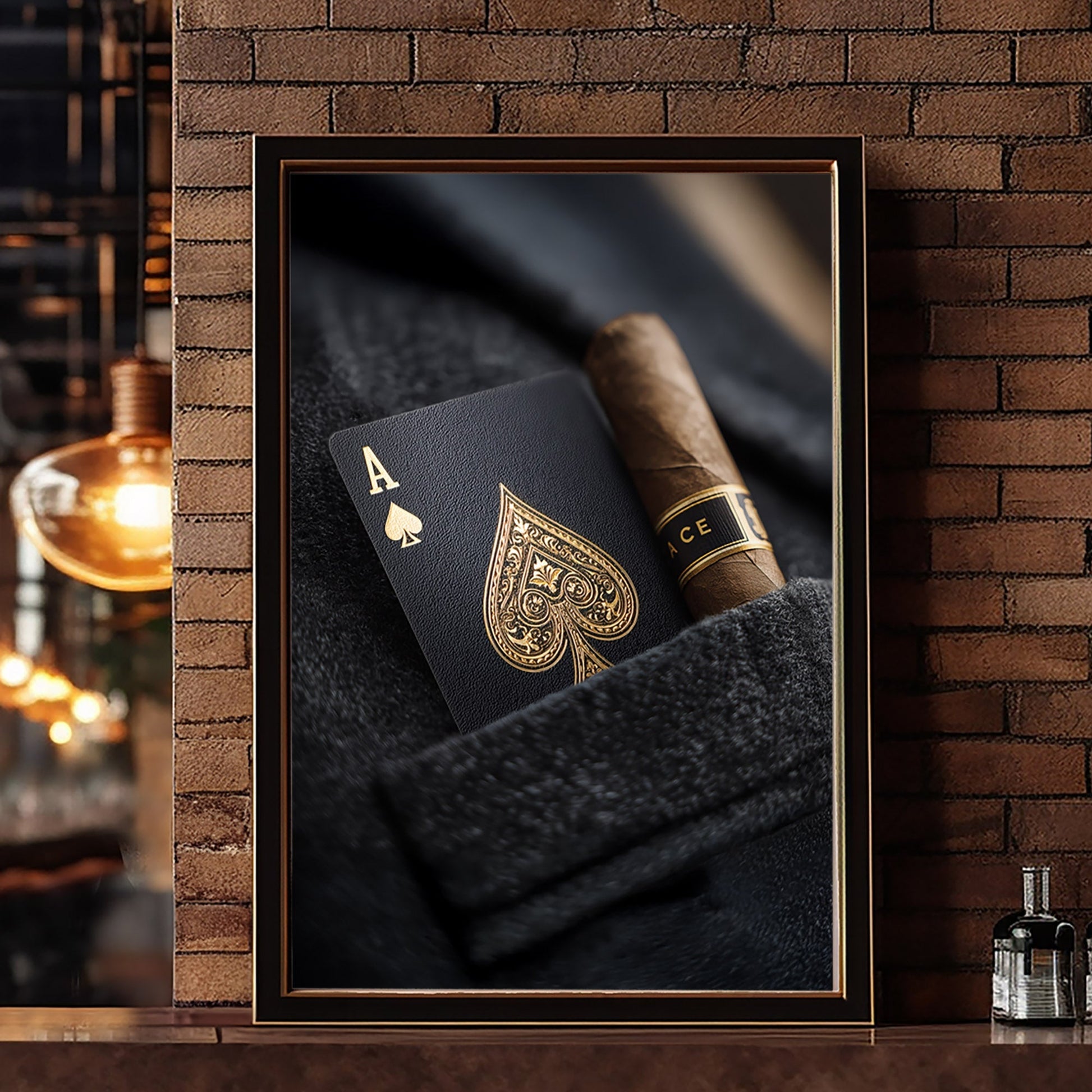 POCKET ace of spades and cigar print on a brick wall