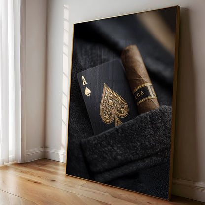 POCKET ace of spades and cigar print leaning in a bright room