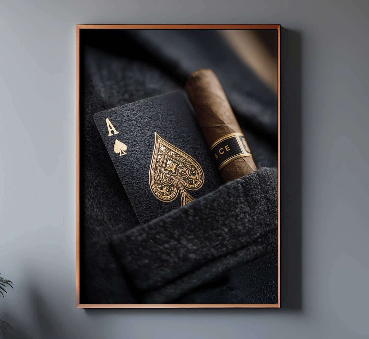 POCKET ace of spades and cigar print featured on a dark wall