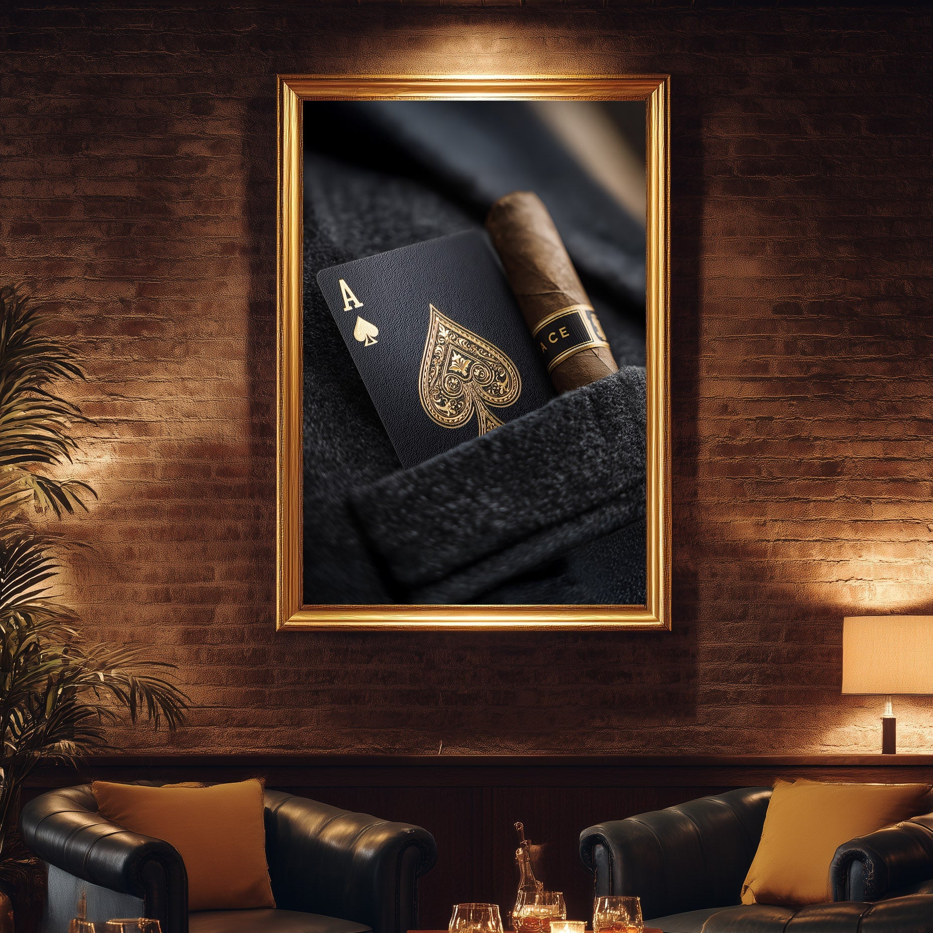 POCKET ace of spades and cigar print in a warm lounge