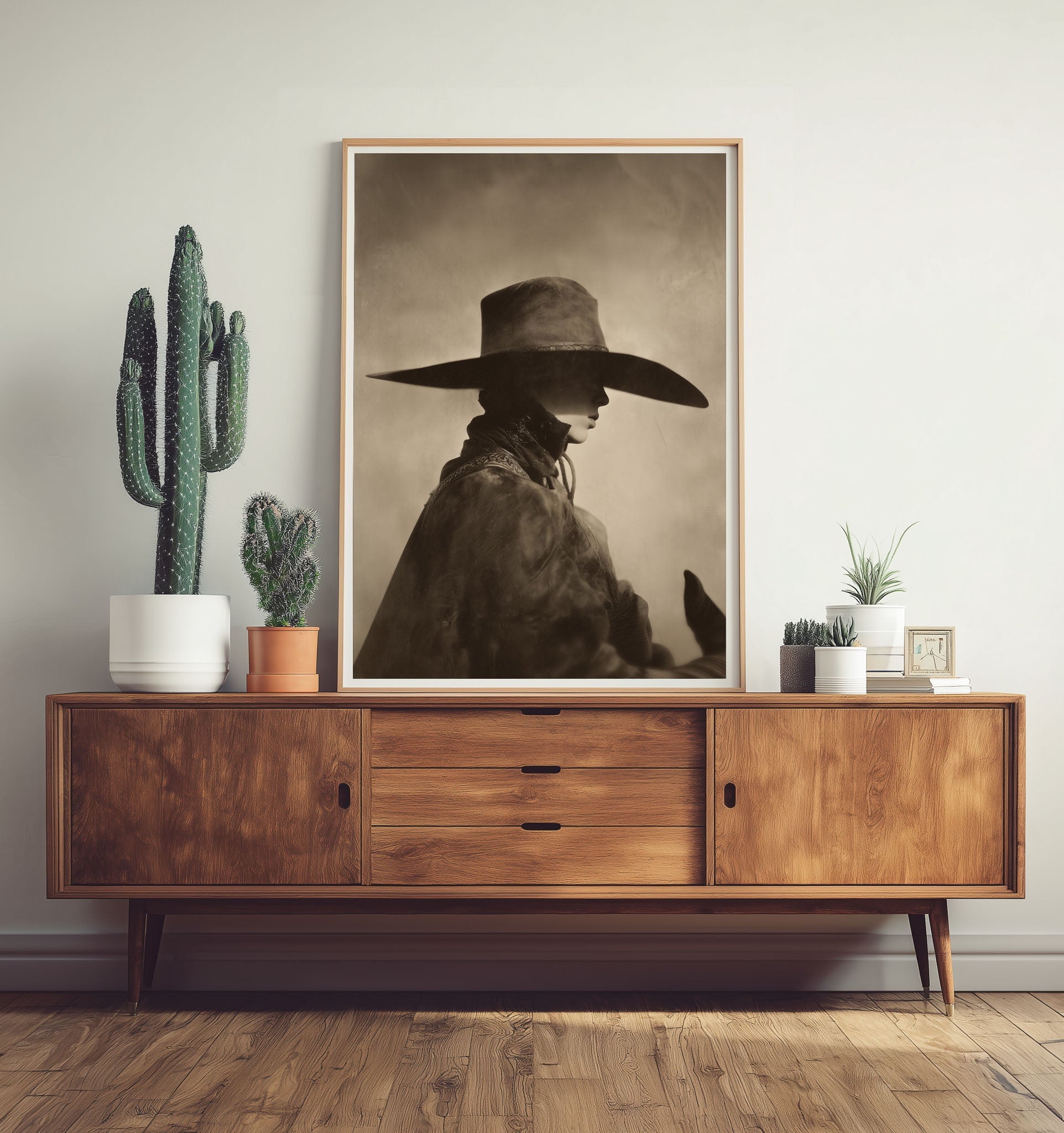 POINT cowboy profile wall art displayed above a wood console