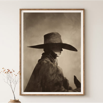 POINT sepia cowboy portrait in a weathered white frame