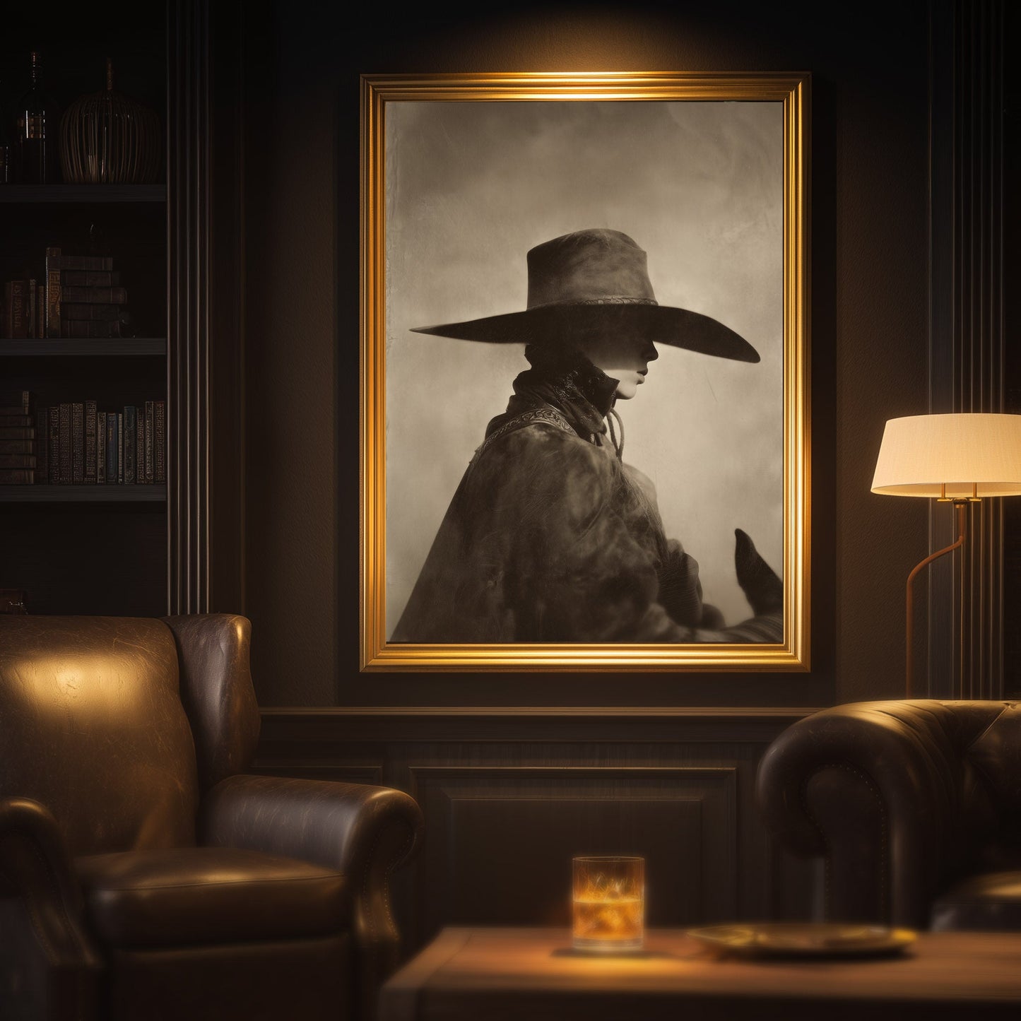 POINT moody cowboy portrait displayed in a dark leather lounge