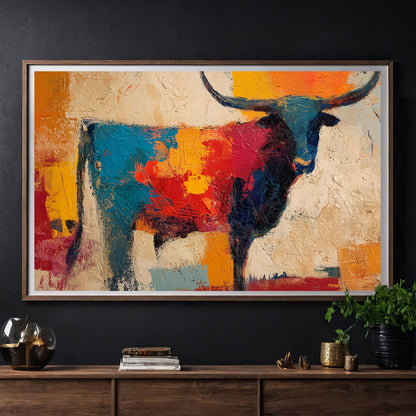 SKITTLE colorful abstract longhorn print on a dark wall