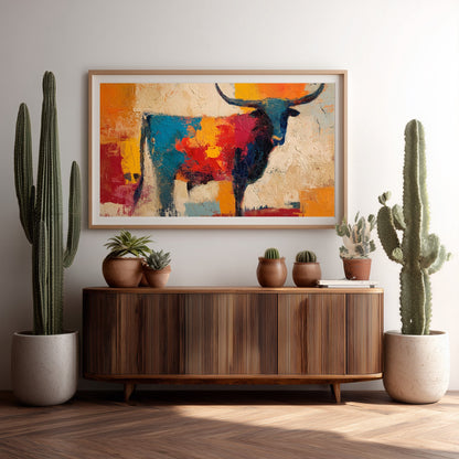 SKITTLE colorful abstract longhorn print above a wood console