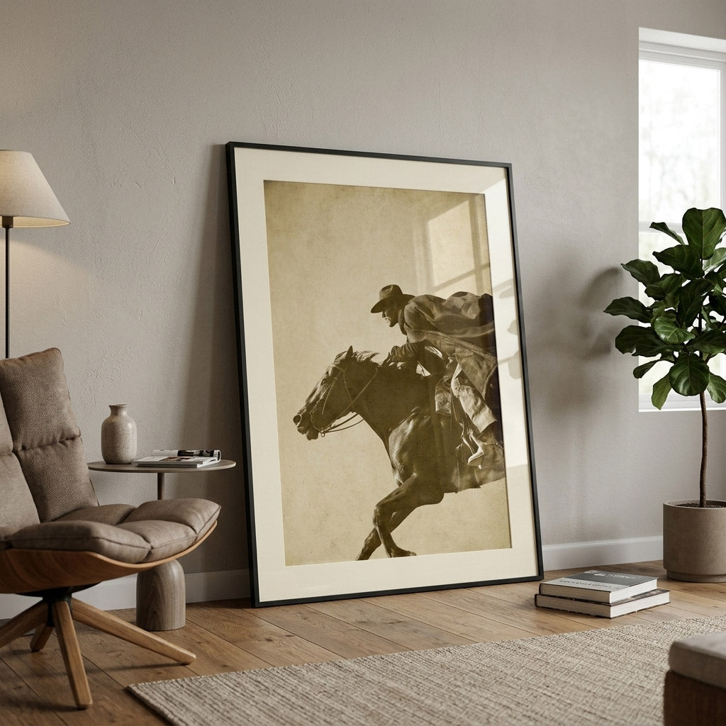 STRETCH cowboy riding horse print leaning in a black frame on a wood floor