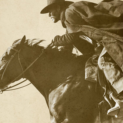 Close detail of STRETCH cowboy racing on horseback sepia Western artwork