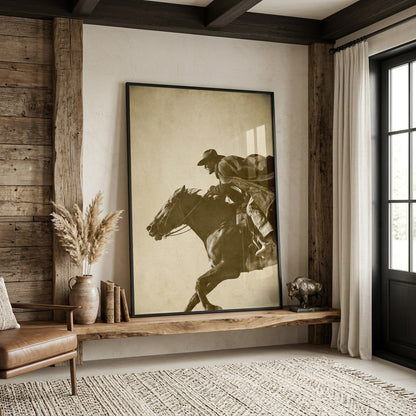 STRETCH rustic Western cowboy wall art displayed in a wood-trimmed interior