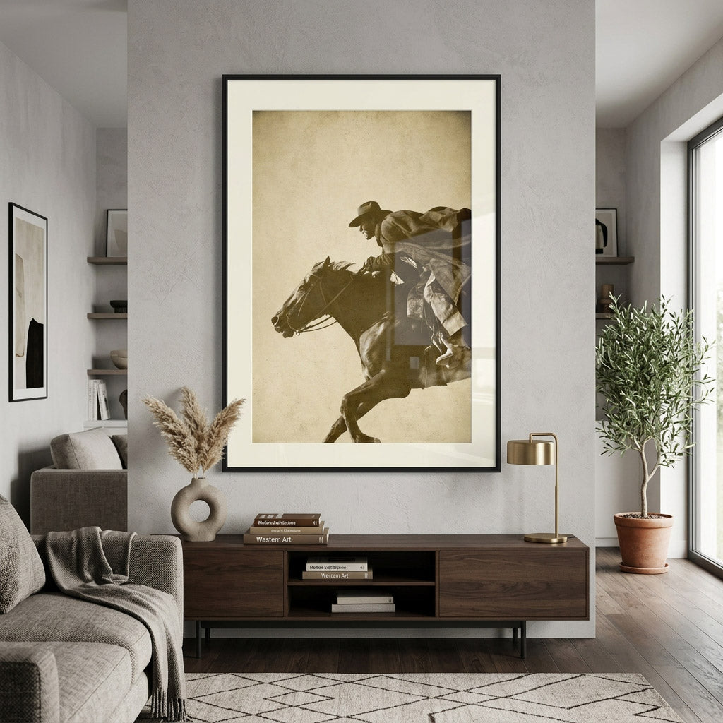 STRETCH sepia cowboy horse print displayed in a bright modern living room