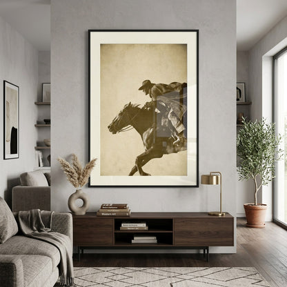 STRETCH sepia cowboy horse print displayed in a bright modern living room