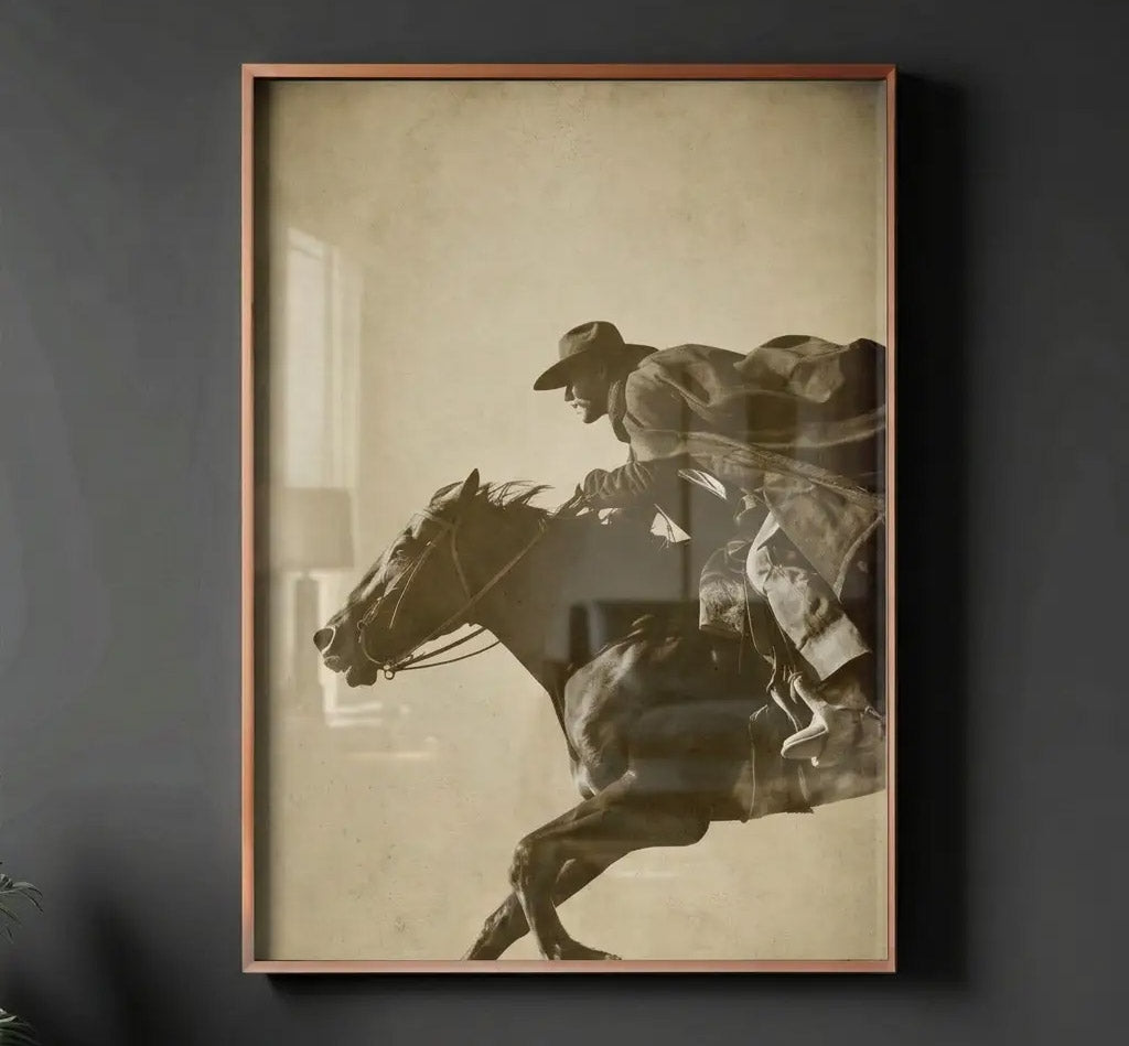 STRETCH vintage sepia cowboy riding horse wall art in a slim copper frame