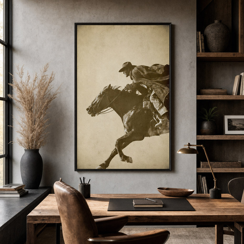 STRETCH Western cowboy and horse wall art displayed in a rustic modern office