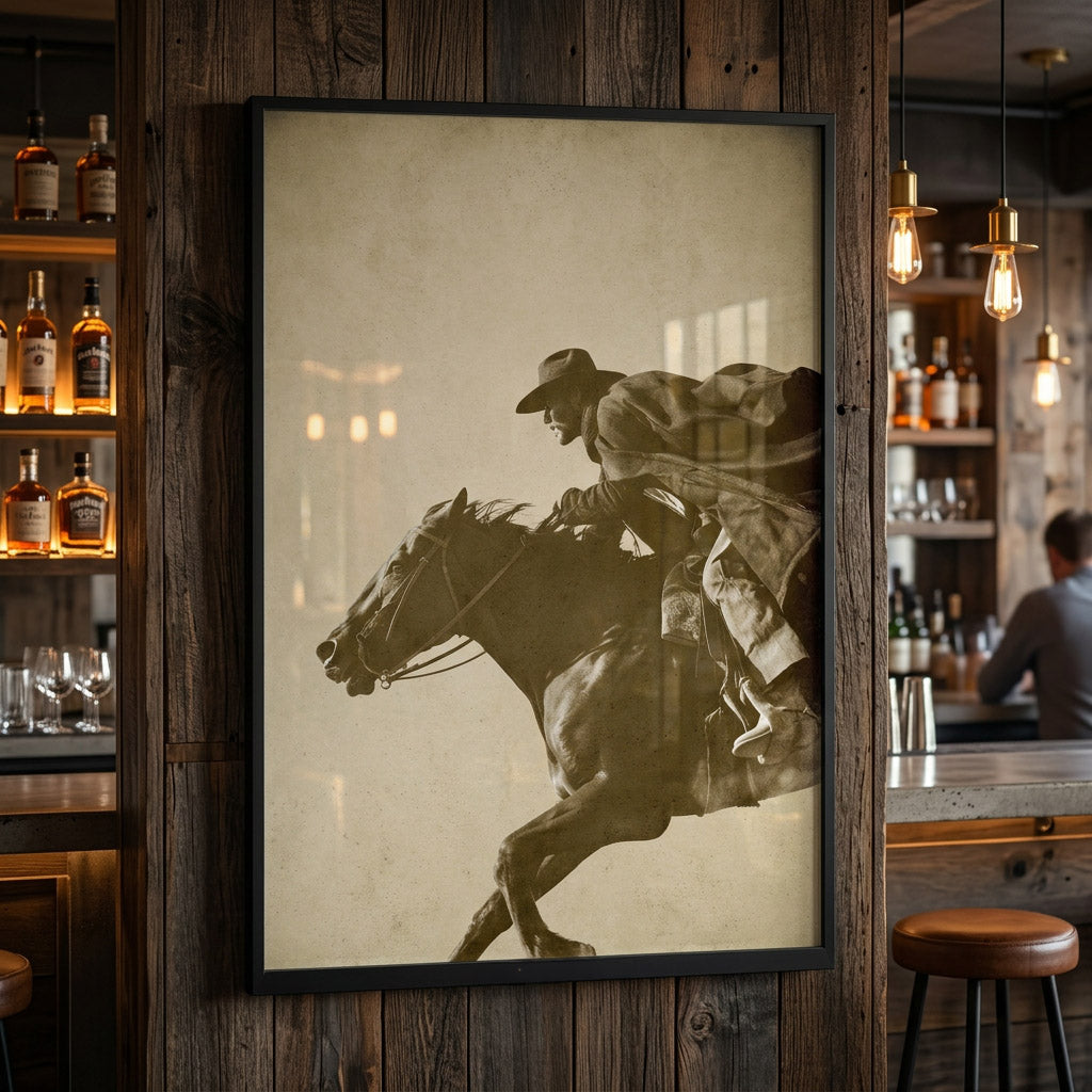 STRETCH vintage Western horse wall art displayed in a rustic bar