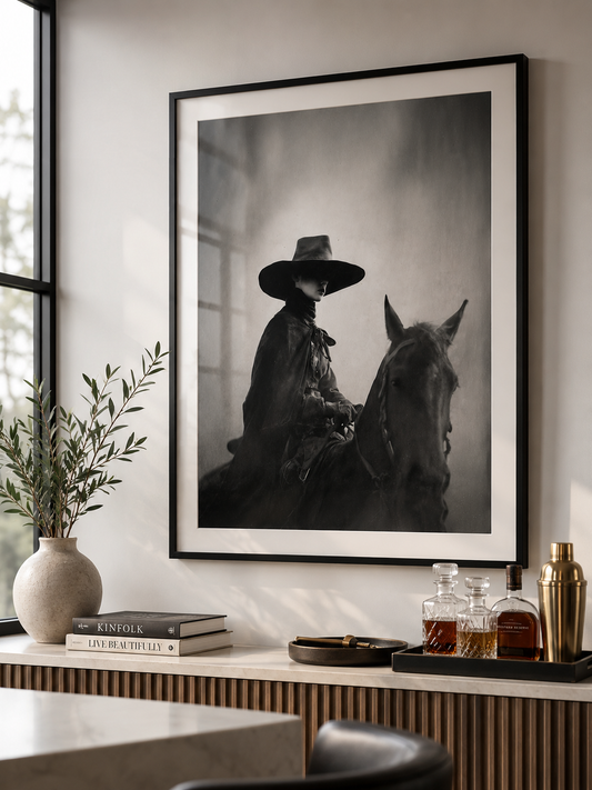 TEJAS black-and-white cowgirl and horse wall art in a modern interior