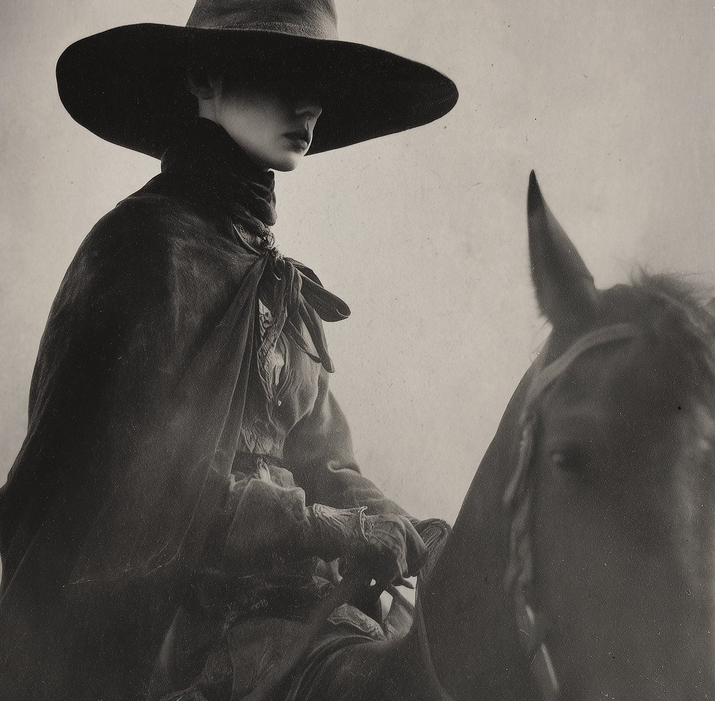 Close-up detail of TEJAS cowgirl and horse portrait