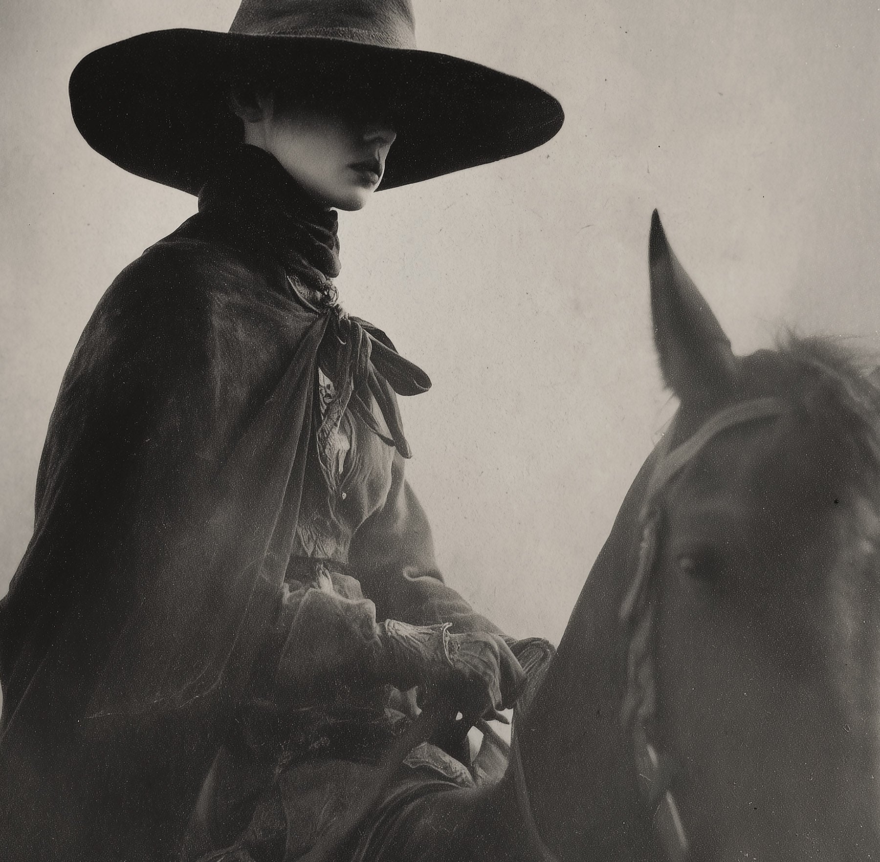 Close-up detail of TEJAS cowgirl and horse portrait