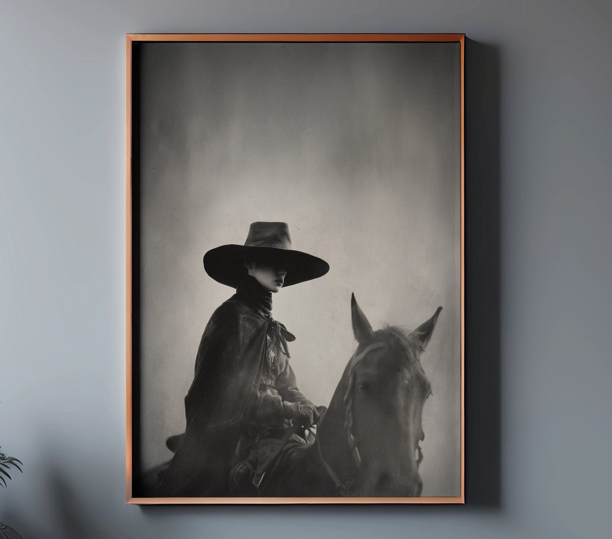 TEJAS monochrome equestrian wall art in a copper frame