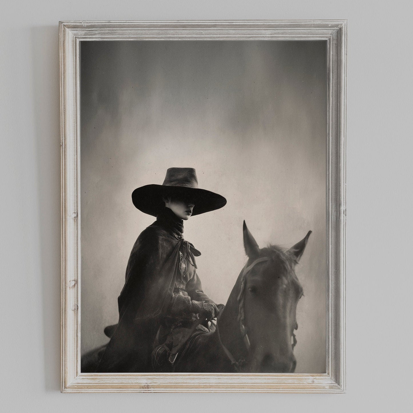 TEJAS cowgirl portrait displayed in a weathered white frame