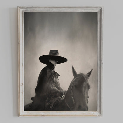 TEJAS cowgirl portrait displayed in a weathered white frame