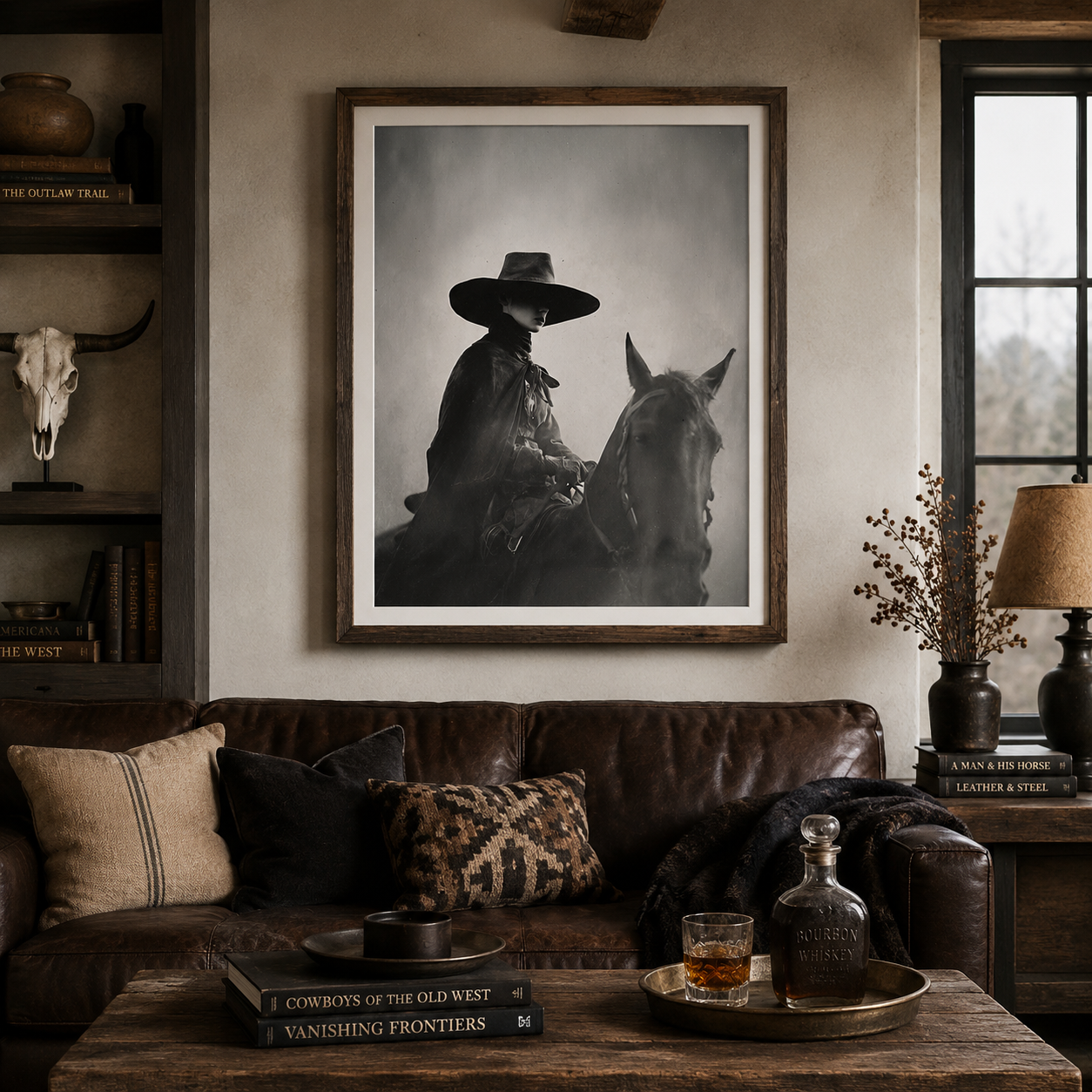 TEJAS Western woman and horse art above a leather sofa