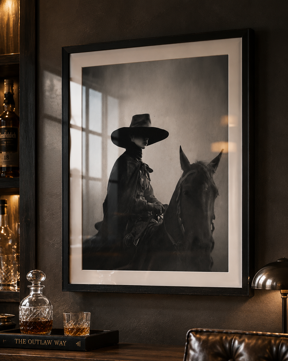 TEJAS black-and-white equestrian print displayed in a dark lounge