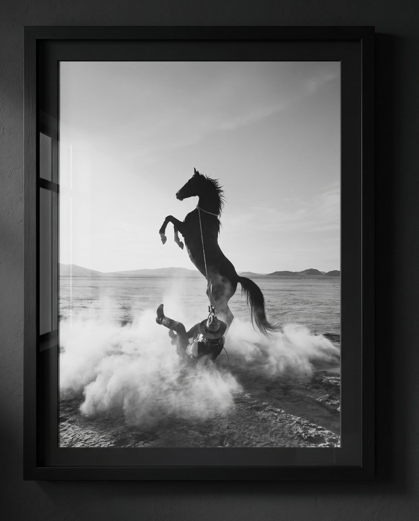 TUGBOAT monochrome cowboy and horse art in a wide black frame