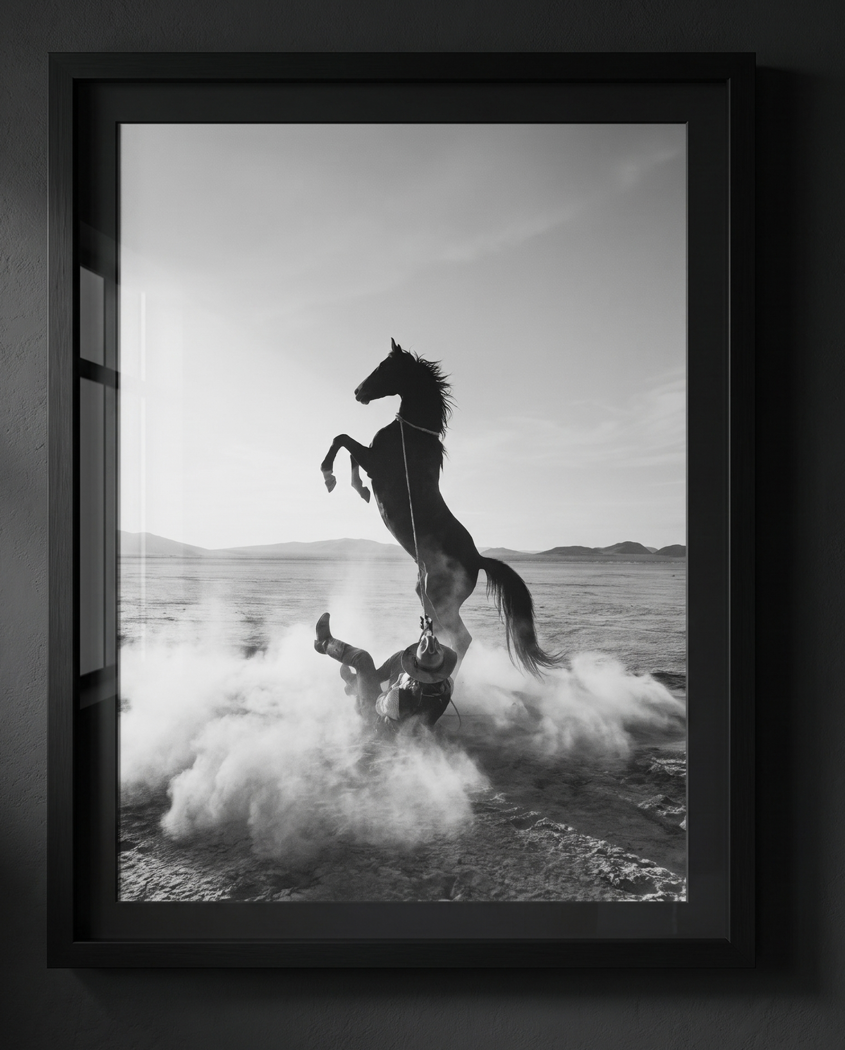 TUGBOAT monochrome cowboy and horse art in a wide black frame