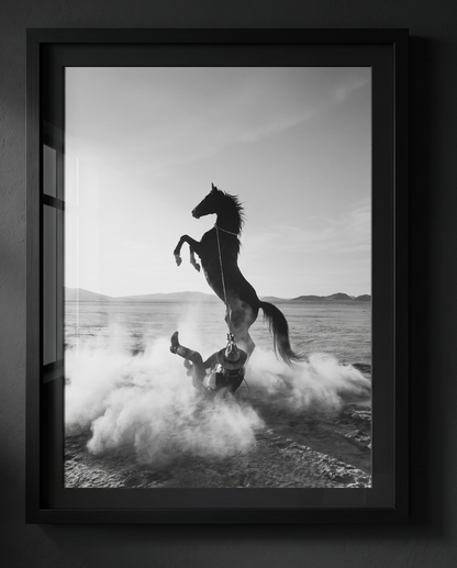 TUGBOAT monochrome cowboy and horse art in a wide black frame