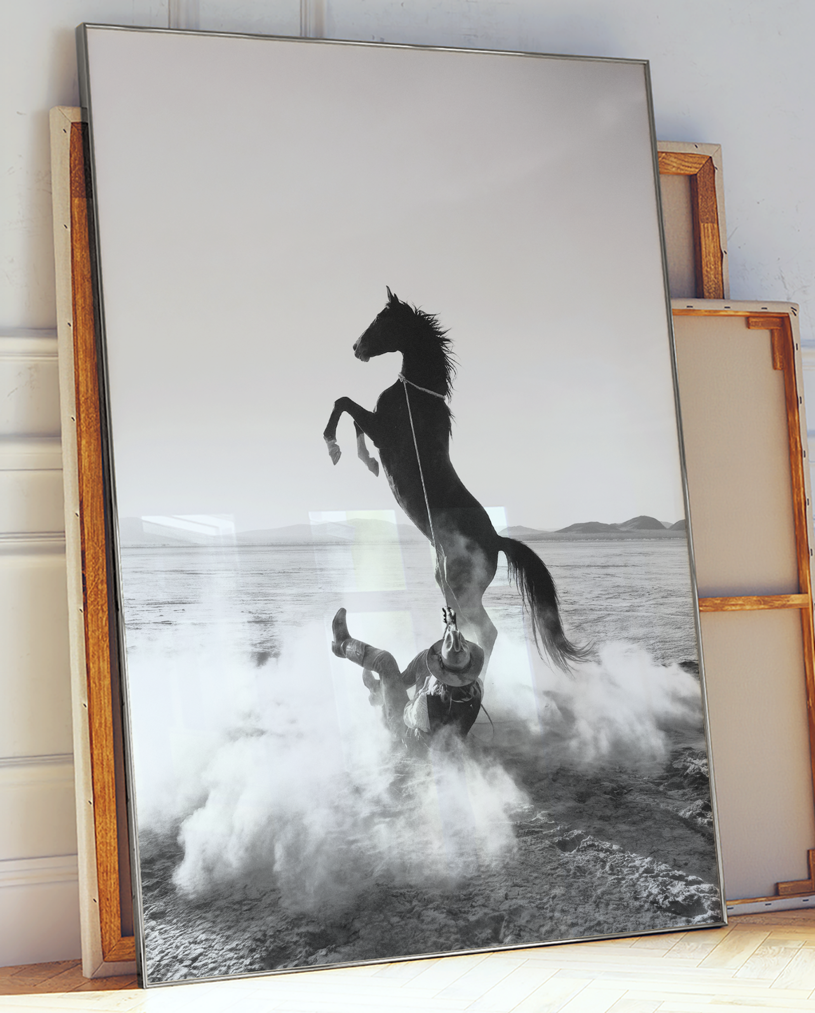 TUGBOAT black-and-white western horse print displayed in a studio