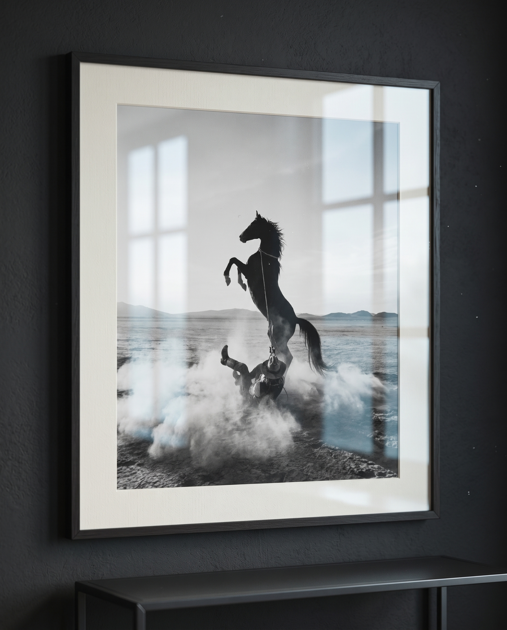 TUGBOAT black-and-white rearing horse wall art in a black frame