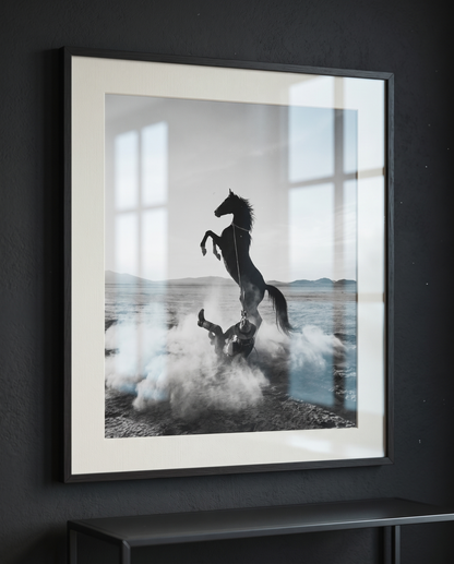 TUGBOAT black-and-white rearing horse wall art in a black frame