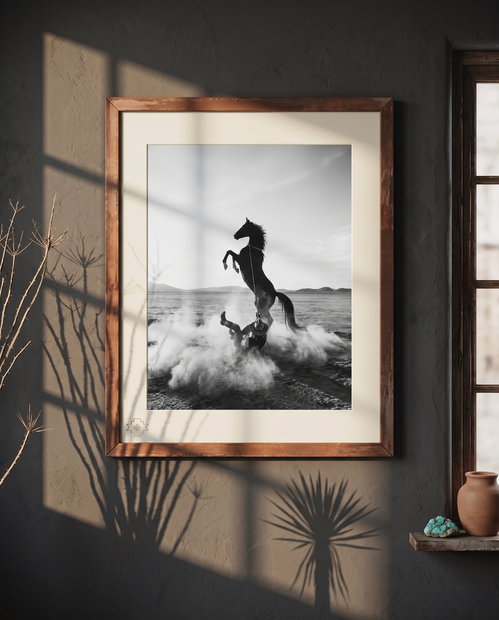 TUGBOAT monochrome western horse print in a copper frame on a dark wall
