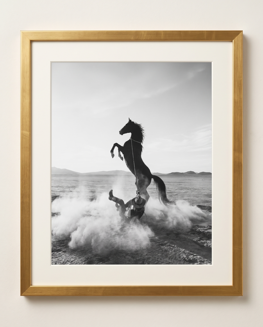 TUGBOAT black-and-white western horse wall art in a gold frame